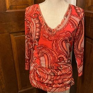 INC V-neck 3/4 sleeve orange and red paisley print blouse. Size Large Petite